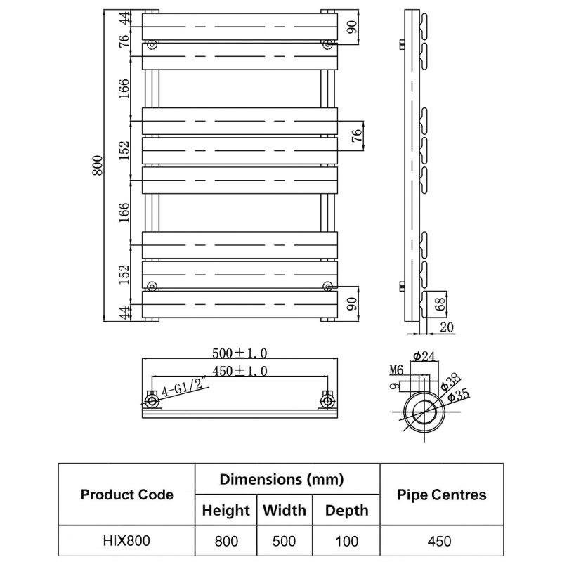 JTP HIX Designer Heated Towel Rail 800mm H x 500mm W Chrome