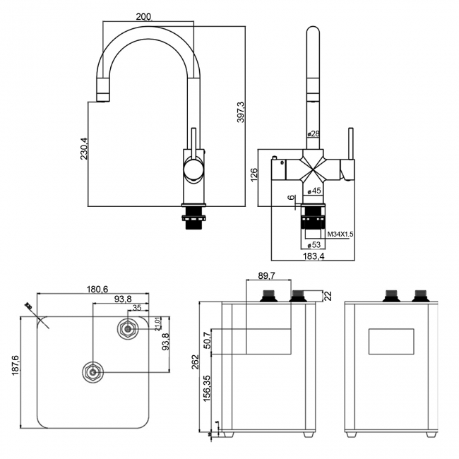 JTP 4 in 1 Hot Boiling Filter Kitchen Sink Mixer Tap - Brushed Brass