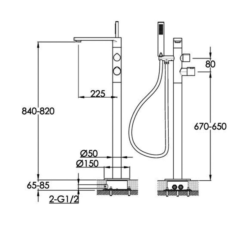 JTP Hugo Thermostatic Freestanding Bath Shower Mixer Tap with Kit - Chrome  | Dimension Image