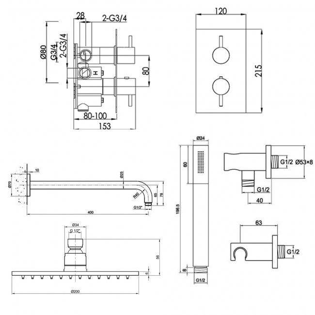 JTP Inox Thermostatic Dual Concealed Mixer Shower with Shower Handset + Fixed Head - Matt Stainless Steel