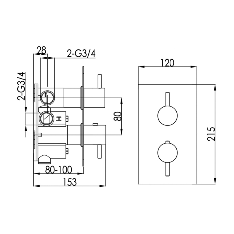 JTP Inox Thermostatic Concealed 2 Outlets Shower Valve Dual Handle - Matt Stainless Steel