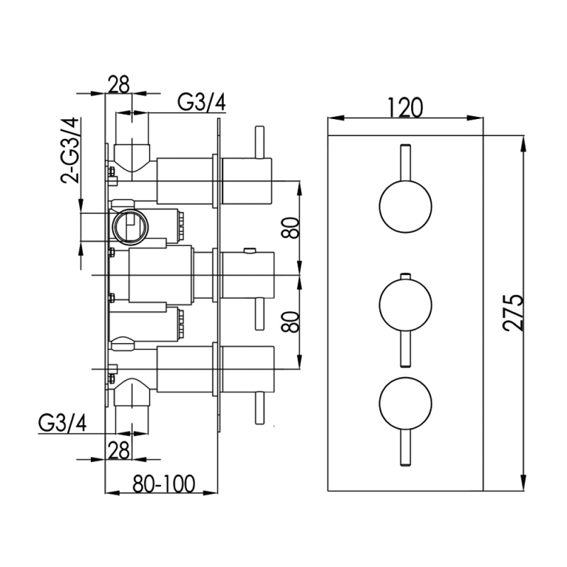 JTP Inox Thermostatic Concealed 2 Outlets Shower Valve Triple Handle - Matt Stainless Steel  | Dimension Image