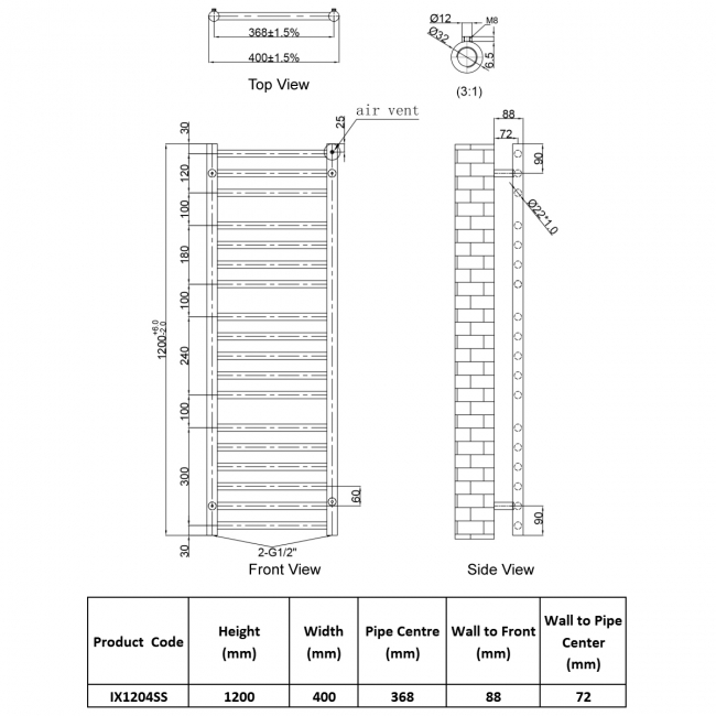 JTP Inox Designer Heated Towel Rail 1200mm H x 400mm W Stainless Steel  | Dimension Image
