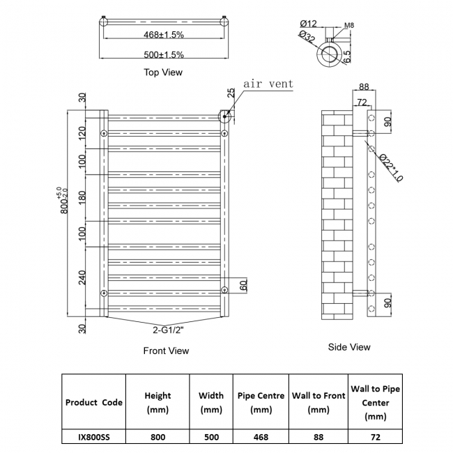 JTP Inox Designer Heated Towel Rail 800mm H x 500mm W Stainless Steel