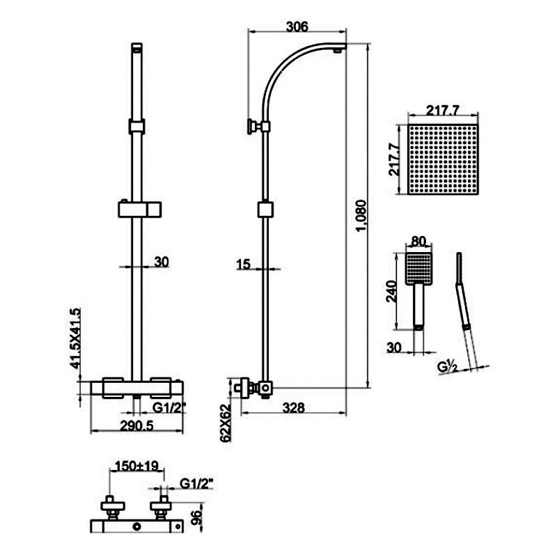 JTP Kubix Thermostatic Shower Mixer with Rigid Riser and Fixed Head - Chrome