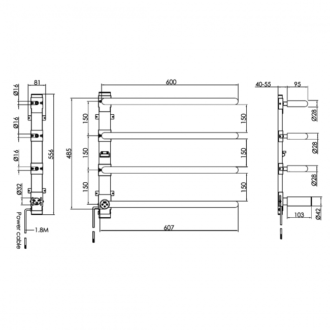 JTP Obi Electric Towel Rail 485mm H x 600mm W - Brushed Brass  | Dimension Image