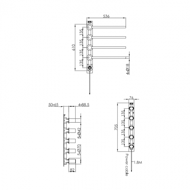 JTP Onyx Electric Towel Rail 610mm H x 536mm W - Brushed Brass