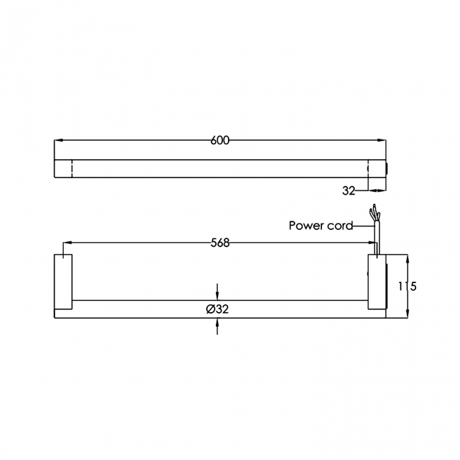 JTP Ora Dry Electric Towel Rail 600mm W - Brushed Brass  | Dimension Image