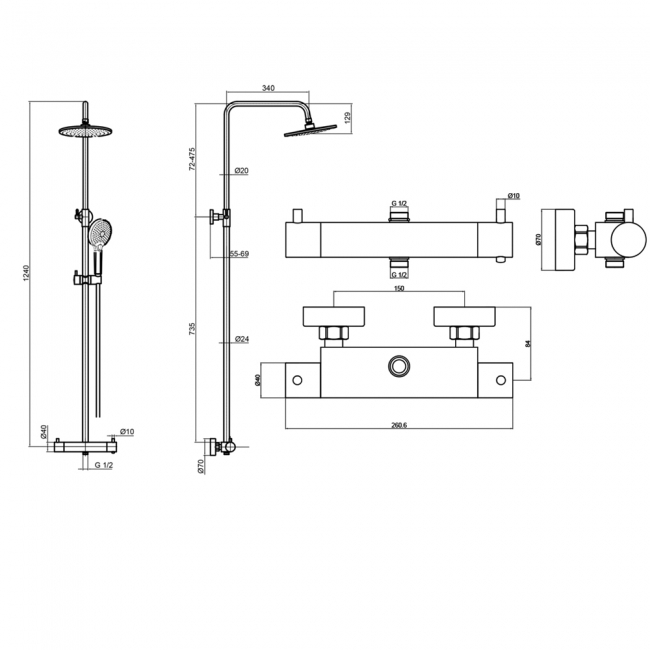 JTP Round Thermostatic Shower Mixer with Rigid Riser and Fixed Head - Chrome