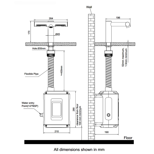 JTP Sensor Basin Tap with Hand Dryer - Stainless Steel  | Dimension Image