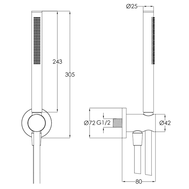 JTP Designer Round Handset and Holder Metal Hose - Chrome  | Dimension Image