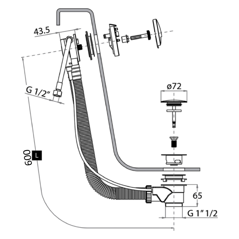 JTP Slimline Exofil Bath Filler with Pop Up Waste 600mm - Chrome