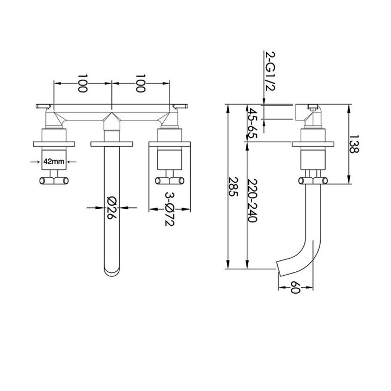 Just Taps Plus Solex Basin Mixer 66089ABBR Wall Mounted Brushed Brass