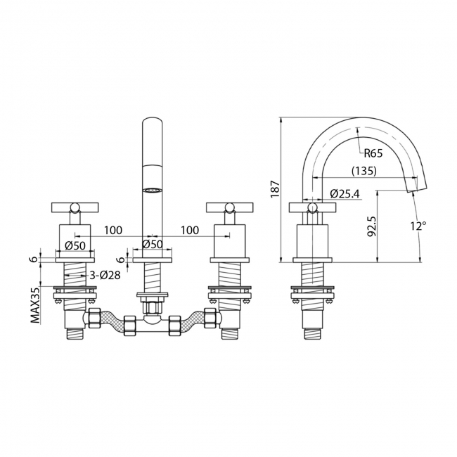 JTP Solex 3-Hole Deck Mounted Basin Mixer Tap - Brushed Brass