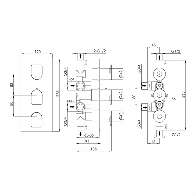 JTP Form Thermostatic Concealed 2 Outlet Shower Valve Triple Handle - Chrome