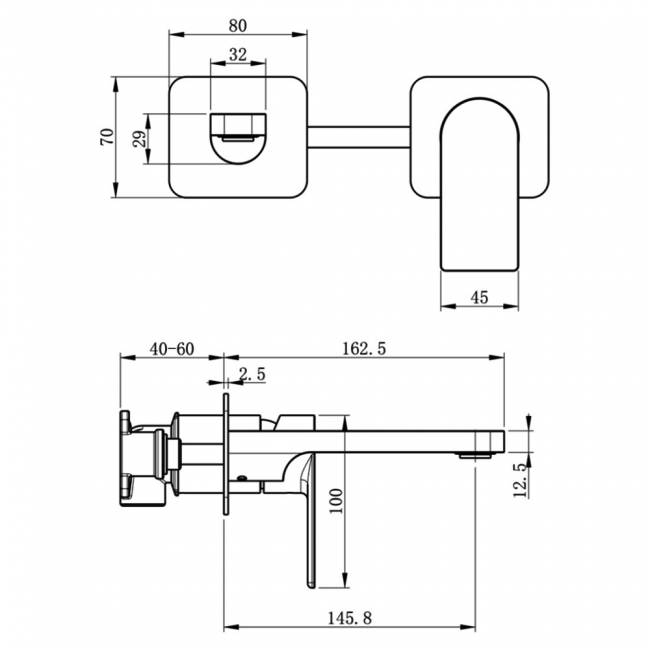 JTP Form Basin Mixer Tap Wall Mounted - Chrome  | Dimension Image