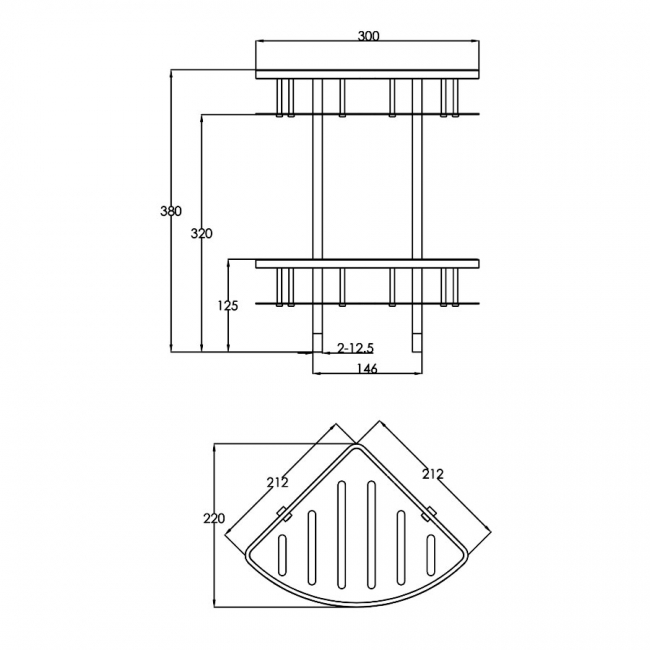 JTP Vos Corner Twin Basket - Brushed Black  | Dimension Image