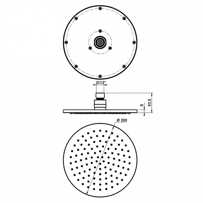 JTP Vos Round Fixed Shower Head 200mm Diameter - Matt Black