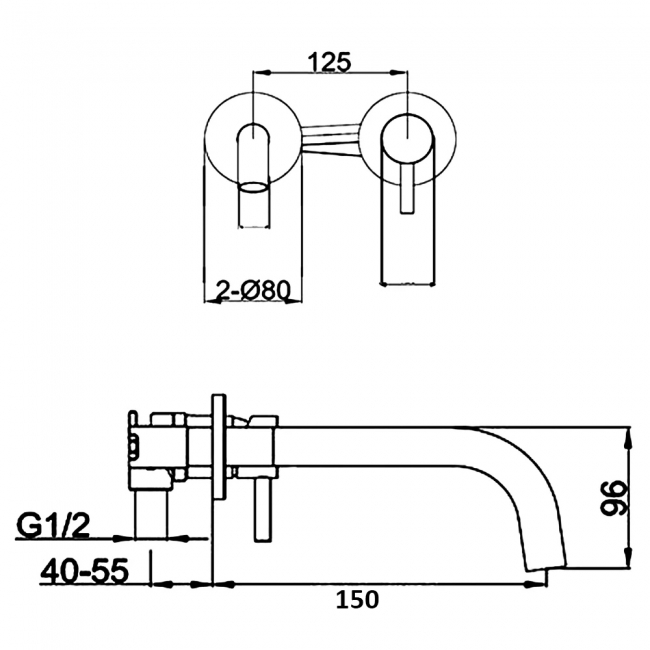 JTP Vos 2-Hole Wall Mounted Basin Mixer Tap with 150mm Slim Spout with Designer Handle - Matt Black  | Dimension Image