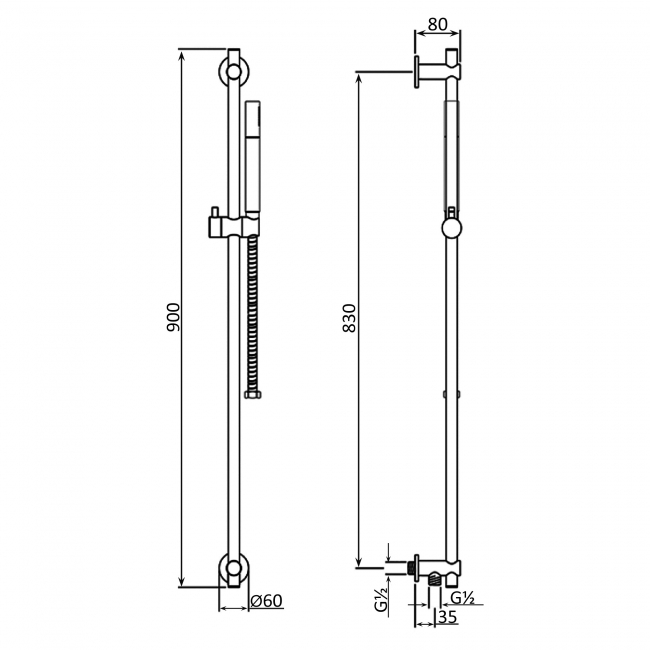 JTP Vos Slide Rail with Single Function Hand Shower and Shower Hose - Matt Black