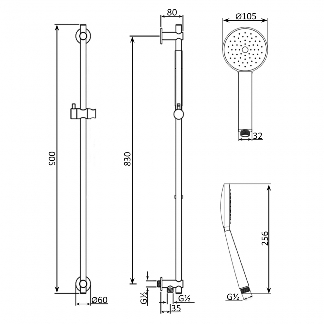 JTP Vos Slider Shower Rail Kit Round Shower Handset and Shower Hose - Matt Black