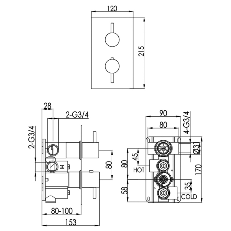 JTP Vos Thermostatic Concealed 2 Outlets Shower Valve - Brushed Bronze