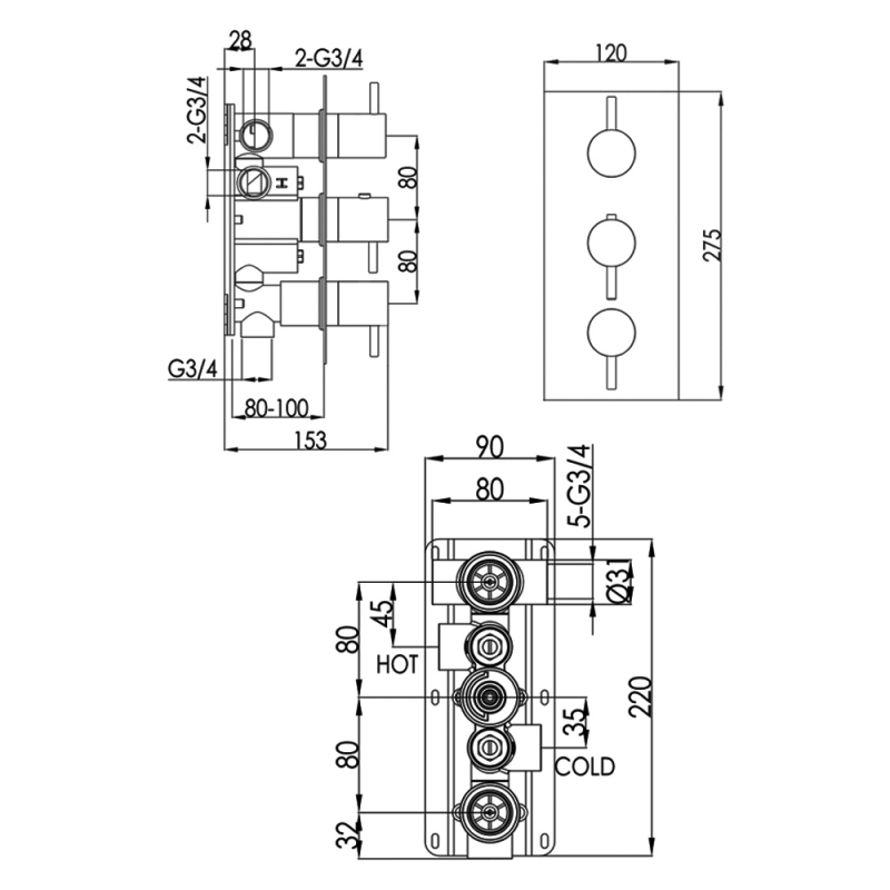 JTP Vos Vertical Thermostatic Concealed 3 Outlets Shower Valve - Brushed Brass  | Dimension Image