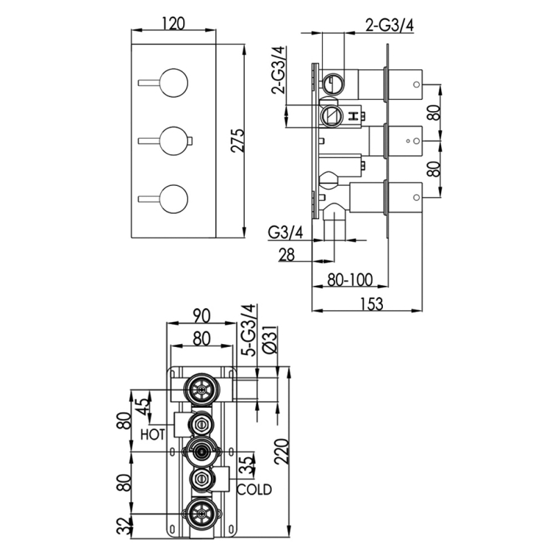 JTP Vos Horizontal Thermostatic Concealed 3 Outlets Shower Valve - Brushed Brass