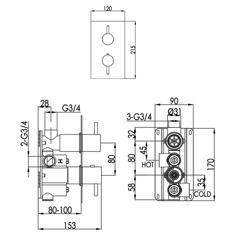 JTP Vos Thermostatic Concealed 1 Outlet Shower Valve - Matt Black