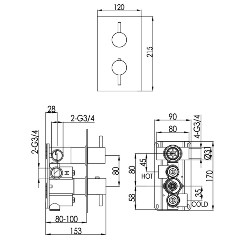 JTP Vos Thermostatic Concealed 2 Outlets Shower Valve - Matt Black  | Dimension Image