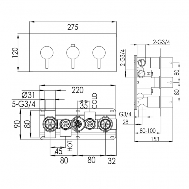 JTP Vos Horizontal Thermostatic Concealed 3 Outlets Shower Valve with Designer Handle - Brushed Brass