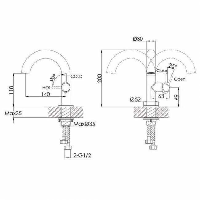 JTP Vos Side Lever Basin Mixer Tap - Brushed Bronze