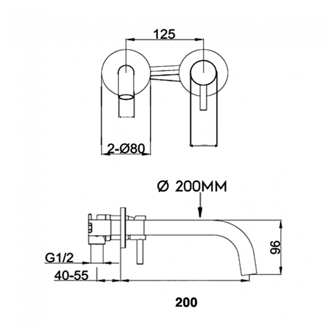 JTP Vos 2-Hole Wall Mounted Basin Mixer Tap with 200mm Slim Spout - Brushed Black