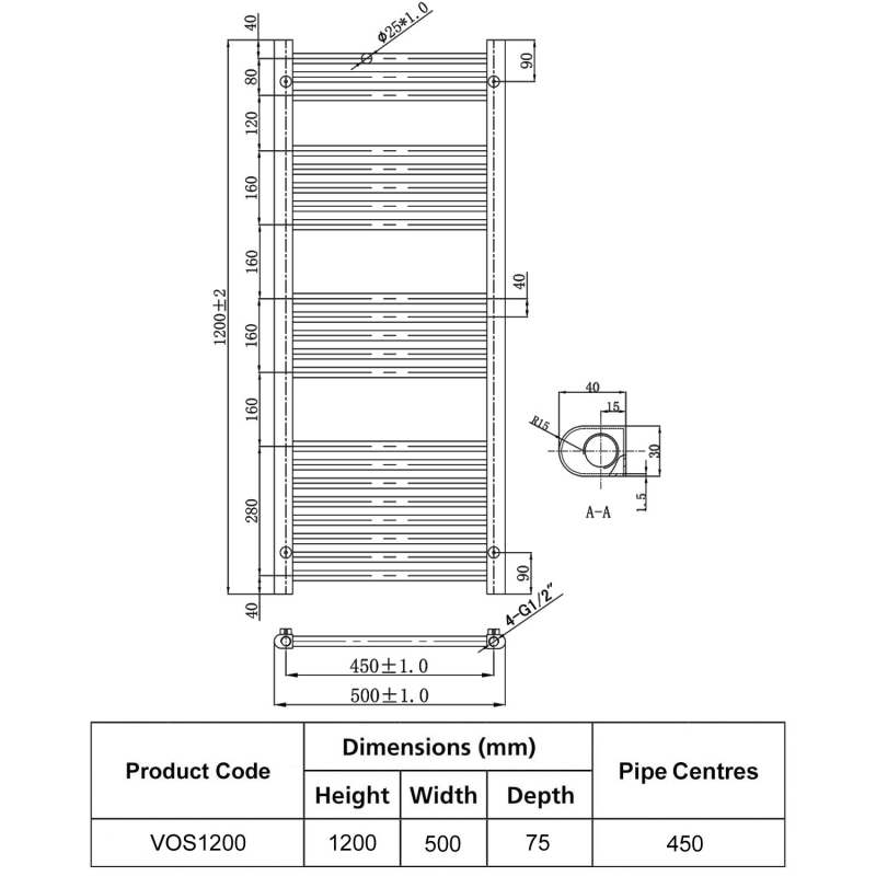 JTP Vos Designer Heated Towel Rail 1200mm H x 500mm W Chrome