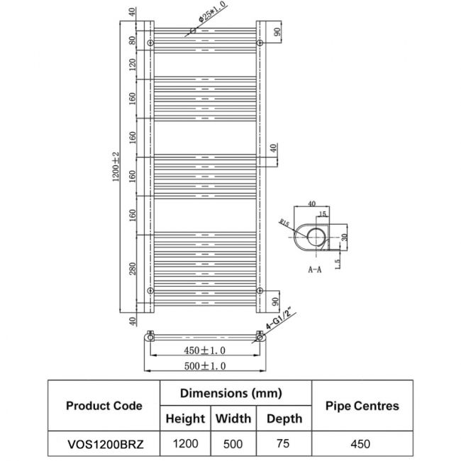 JTP Vos Designer Heated Towel Rail 1200mm H x 500mm W - Brushed Bronze