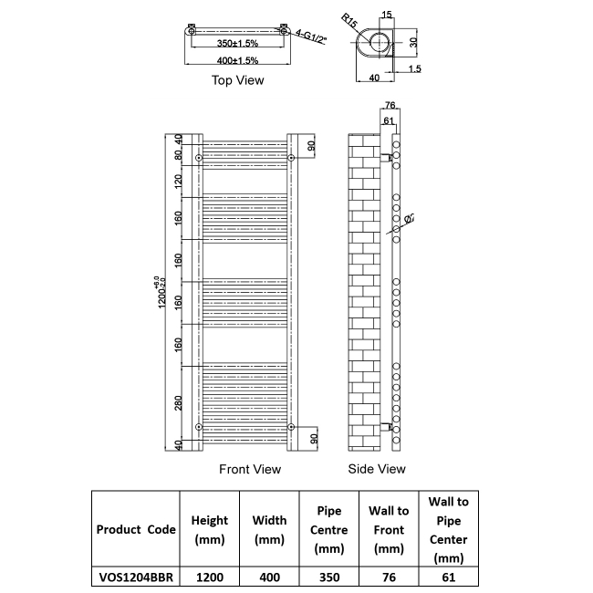 JTP Vos Designer Heated Towel Rail 1200mm H x 400mm W Brushed Brass  | Dimension Image