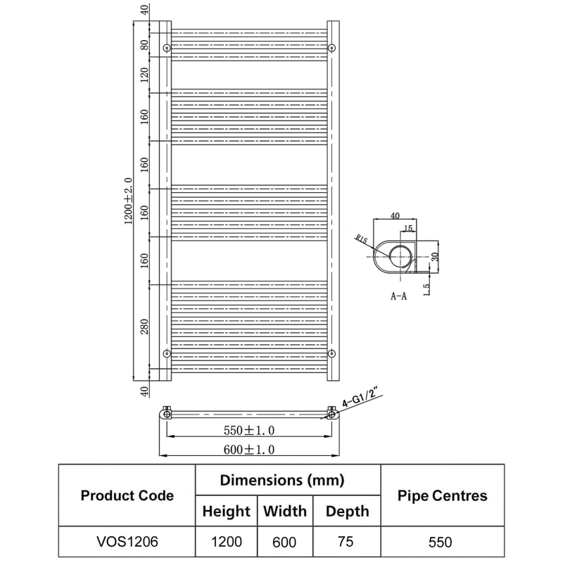 JTP Vos Designer Heated Towel Rail 1200mm H x 600mm W Chrome