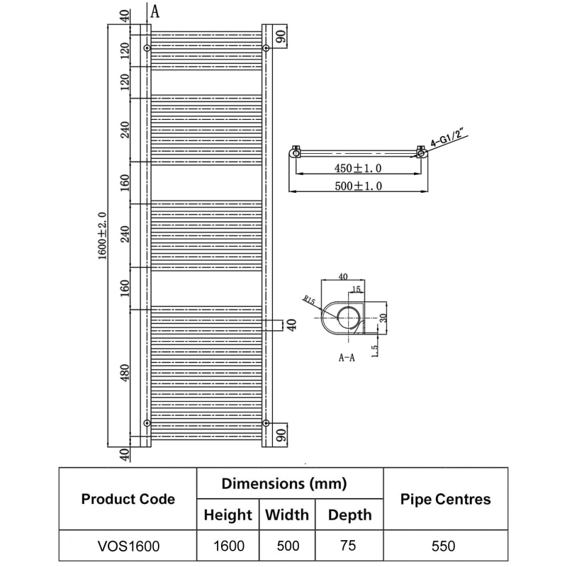 JTP Vos Designer Heated Towel Rail 1600mm H x 500mm W Brushed Brass