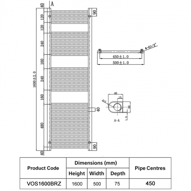 JTP Vos Designer Heated Towel Rail 1600mm H x 500mm W - Brushed Bronze  | Dimension Image
