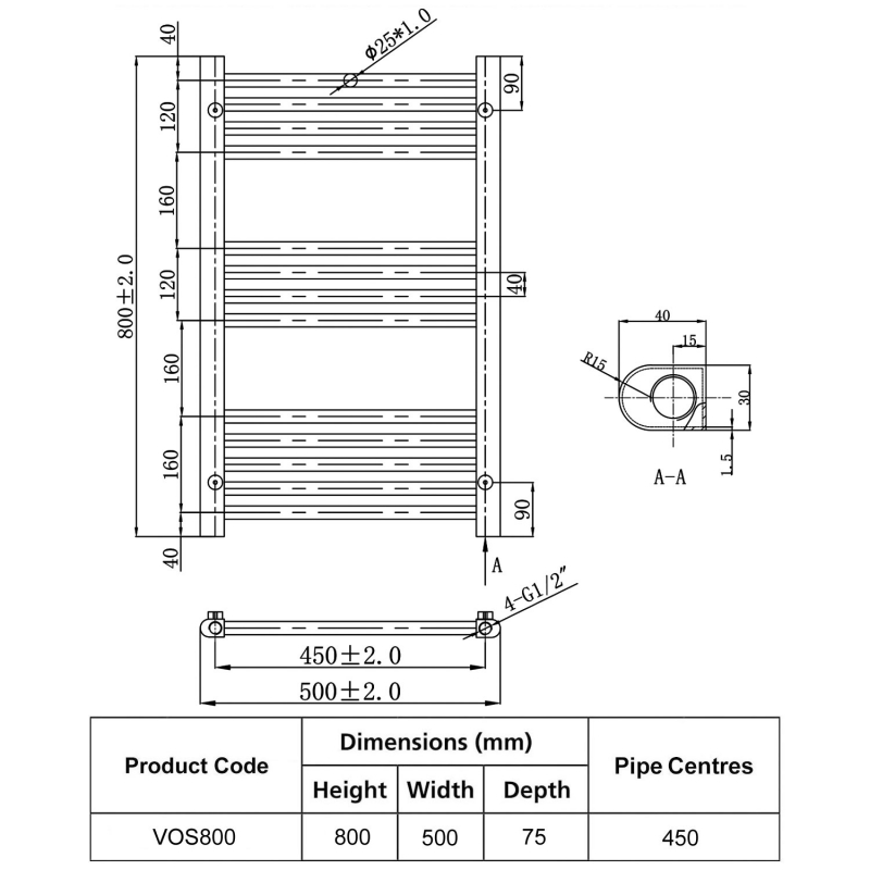 JTP Vos Designer Heated Towel Rail 800mm H x 500mm W Chrome