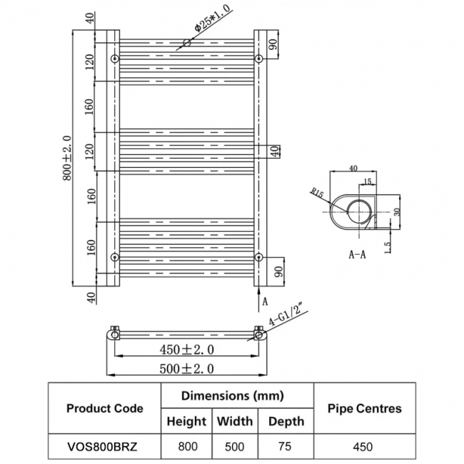 JTP Vos Designer Heated Towel Rail 800mm H x 500mm W - Brushed Bronze  | Dimension Image