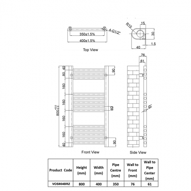 JTP Vos Designer Heated Towel Rail 800mm H x 400mm W - Brushed Bronze  | Dimension Image