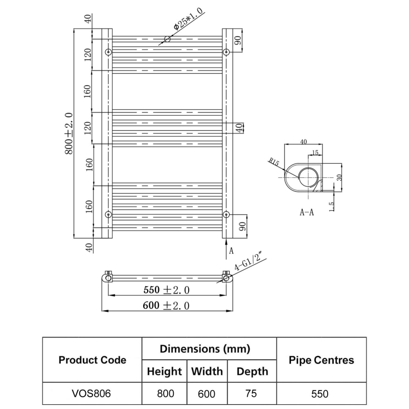 JTP Vos Designer Heated Towel Rail 800mm H x 600mm W Chrome