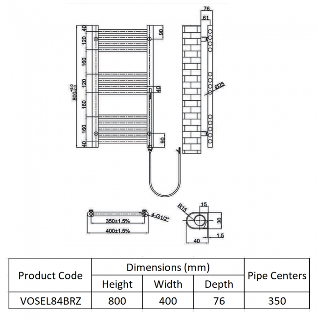 JTP Vos Electric Towel Rail with Standard Heating Element 800mm H x 400mm W - Brushed Bronze  | Dimension Image