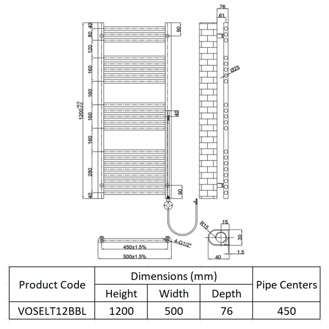 JTP Vos Electric Towel Rail with Thermostatic Heating Element 1200mm H x 500mm W - Brushed Black  | Dimension Image