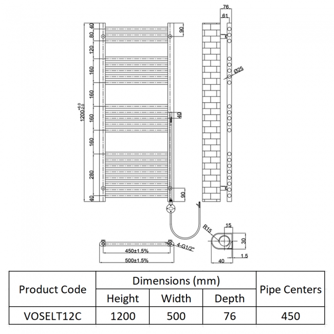 JTP Vos Electric Towel Rail with Thermostatic Heating Element 1200mm H x 500mm W - Chrome  | Dimension Image