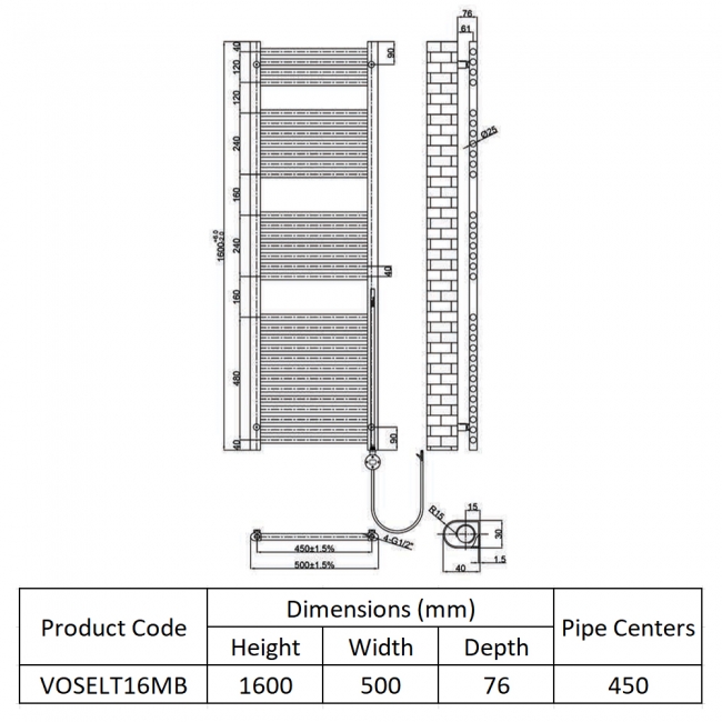 JTP Vos Electric Towel Rail with Thermostatic Heating Element 1600mm H x 500mm W - Matt Black  | Dimension Image