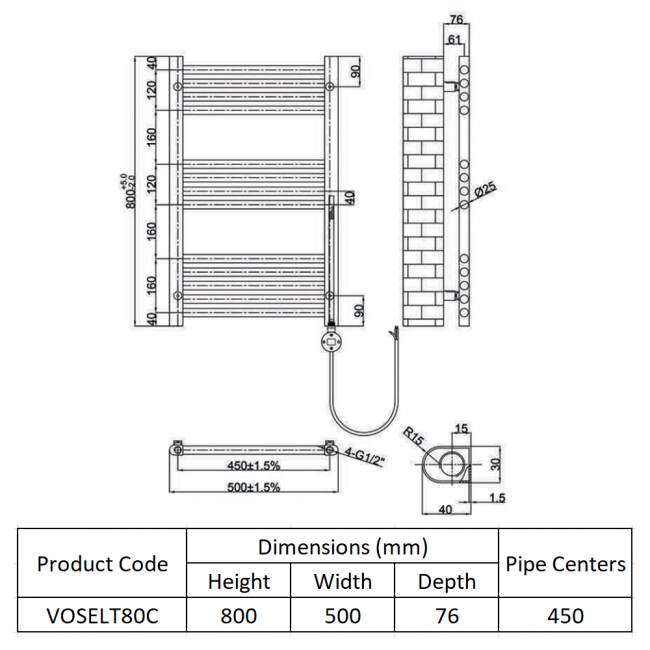 JTP Vos Electric Towel Rail with Thermostatic Heating Element 800mm H x 500mm W - Chrome  | Dimension Image