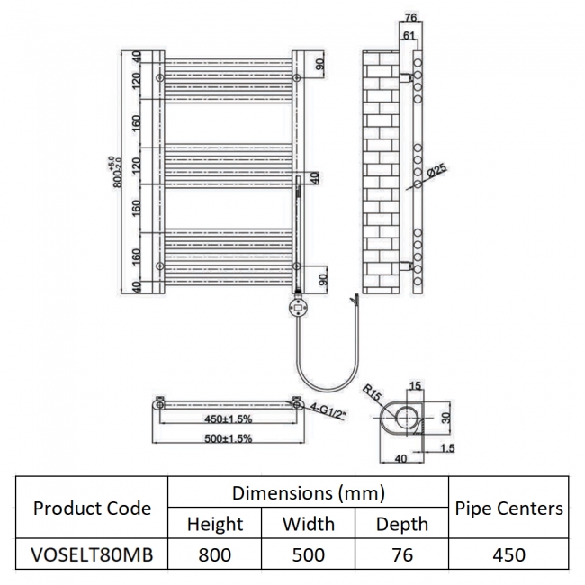 JTP Vos Electric Towel Rail with Thermostatic Heating Element 800mm H x 500mm W - Matt Black  | Dimension Image
