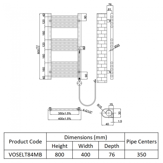 JTP Vos Electric Towel Rail with Thermostatic Heating Element 800mm H x 400mm W - Matt Black  | Dimension Image